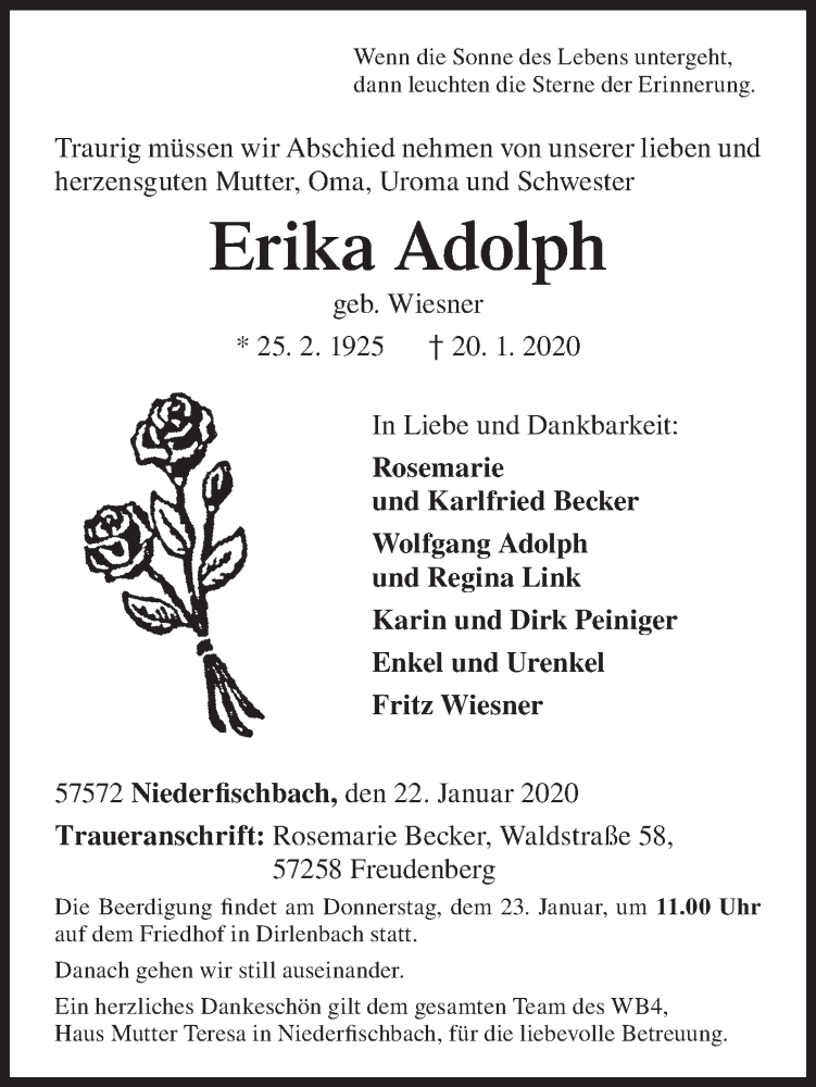  Traueranzeige für Erika Adolph vom 22.01.2020 aus Siegener Zeitung