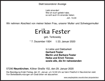 Traueranzeige von Erika Fester von Siegener Zeitung