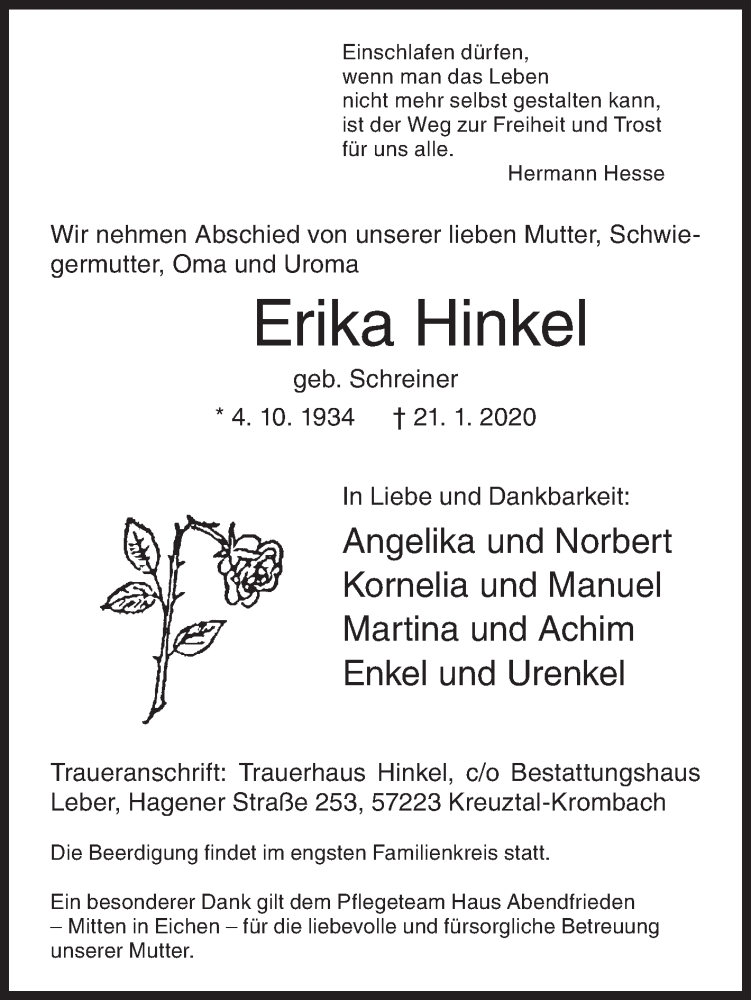  Traueranzeige für Erika Hinkel vom 23.01.2020 aus Siegener Zeitung