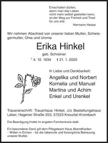 Traueranzeige von Erika Hinkel von Siegener Zeitung