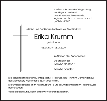 Traueranzeige von Erika Krumm von Siegener Zeitung