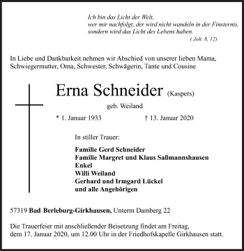 Traueranzeige von Erna Schneider von Siegener Zeitung