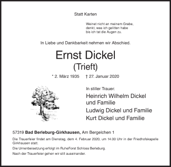 Traueranzeige von Ernst Dickel von Siegener Zeitung