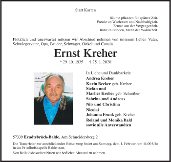 Traueranzeige von Ernst Kreher von Siegener Zeitung