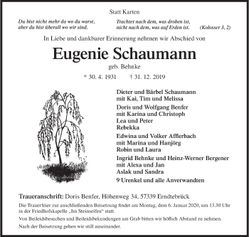 Traueranzeige von Eugenie Schaumann von Siegener Zeitung
