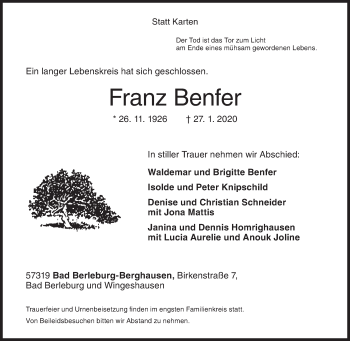 Traueranzeige von Franz Benfer von Siegener Zeitung