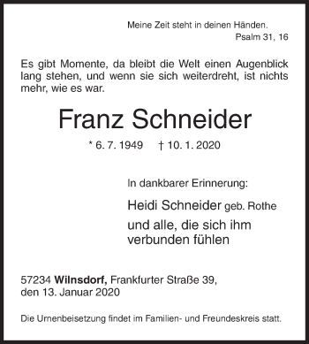 Traueranzeige von Franz Schneider von Siegener Zeitung
