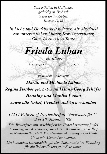 Traueranzeige von Frieda Luban von Siegener Zeitung