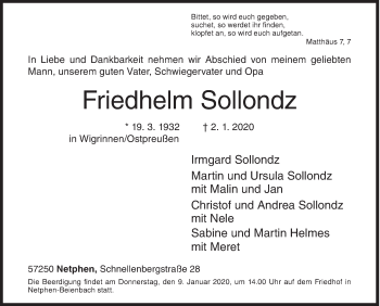 Traueranzeige von Friedhelm Sollondz von Siegener Zeitung