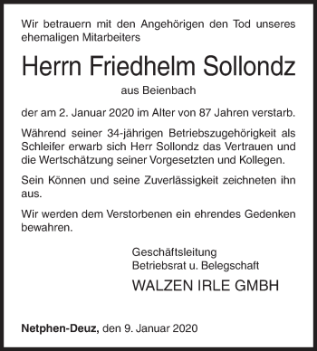 Traueranzeige von Friedhelm Sollondz von Siegener Zeitung
