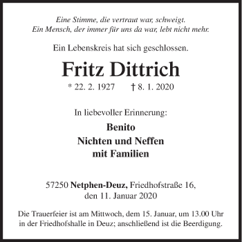 Traueranzeige von Fritz Dittrich von Siegener Zeitung