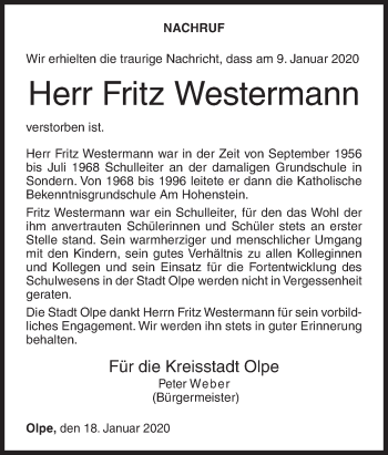 Traueranzeige von Fritz Westermann von Siegener Zeitung