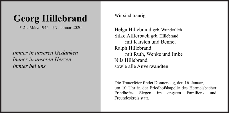  Traueranzeige für Georg Hillebrand vom 11.01.2020 aus Siegener Zeitung