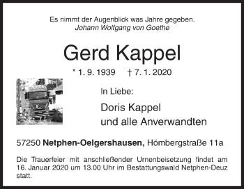 Traueranzeige von Gerd Kappel von Siegener Zeitung