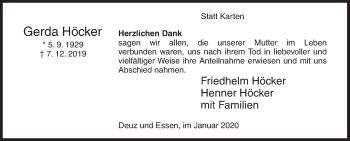 Traueranzeige von Gerda Höcker von Siegener Zeitung