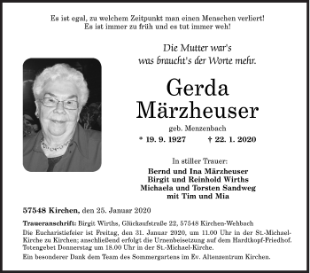 Traueranzeige von Gerda Märzheuser von Siegener Zeitung