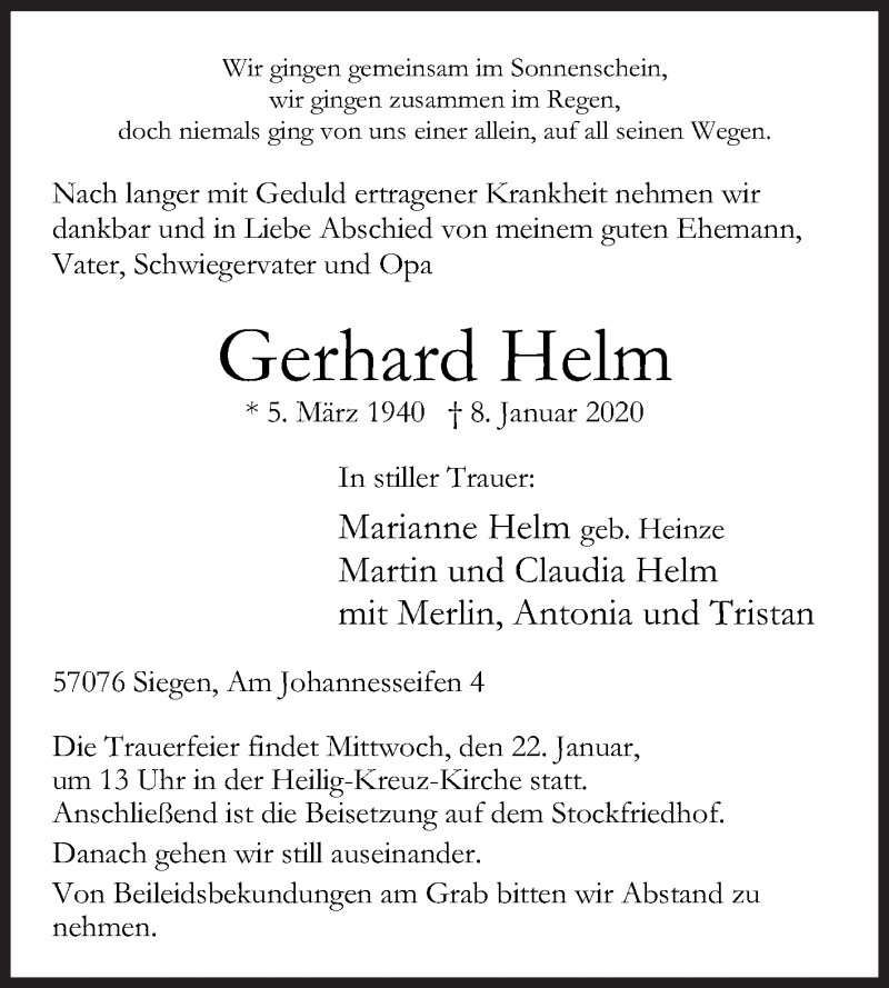  Traueranzeige für Gerhard Helm vom 11.01.2020 aus Siegener Zeitung