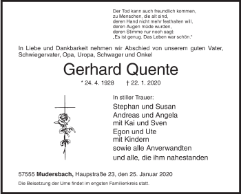 Traueranzeige von Gerhard Quente von Siegener Zeitung