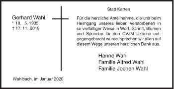 Traueranzeige von Gerhard Wahl von Siegener Zeitung