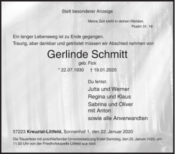 Traueranzeige von Gerlinde Schmitt von Siegener Zeitung