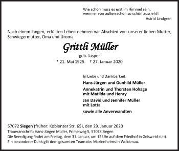 Traueranzeige von Grittli Müller von Siegener Zeitung