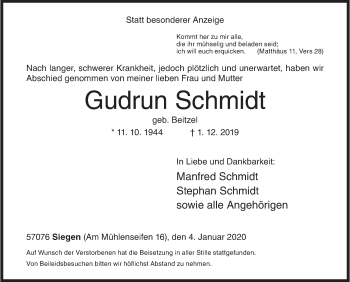 Traueranzeige von Gudrun Schmidt von Siegener Zeitung