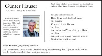 Traueranzeige von Günter Hauser von Siegener Zeitung