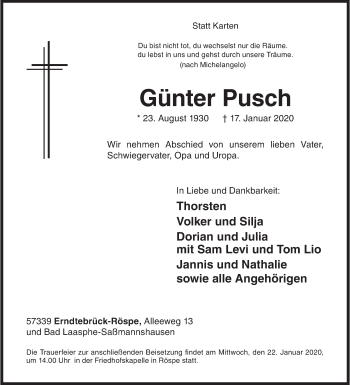 Traueranzeige von Günter Pusch von Siegener Zeitung