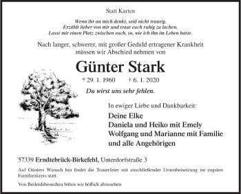 Traueranzeige von Günter Stark von Siegener Zeitung