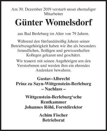 Traueranzeige von Günter Womelsdorf von Siegener Zeitung