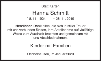 Traueranzeige von Hanna Schmitt von Siegener Zeitung
