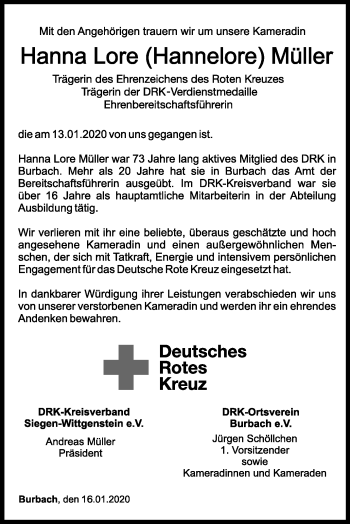 Traueranzeige von Hanna Lore Müller von Siegener Zeitung