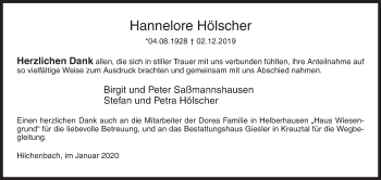 Traueranzeige von Hannelore Hölscher von Siegener Zeitung