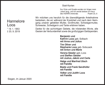 Traueranzeige von Hannelore Loos von Siegener Zeitung
