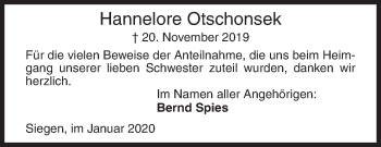 Traueranzeige von Hannelore Otschonsek von Siegener Zeitung