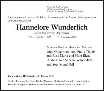 Traueranzeige von Hannelore Wunderlich von Siegener Zeitung