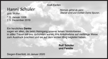 Traueranzeige von Hanni Schüler von Siegener Zeitung