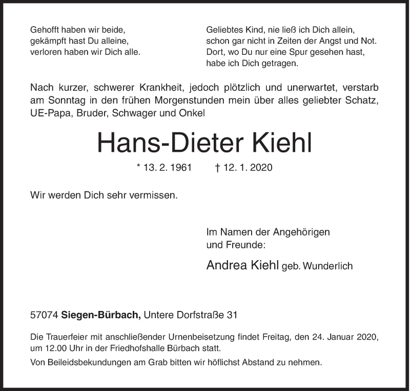  Traueranzeige für Hans-Dieter Kiehl vom 18.01.2020 aus Siegener Zeitung
