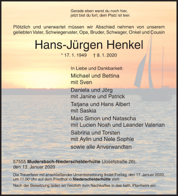 Traueranzeige von Hans-Jürgen Henkel von Siegener Zeitung