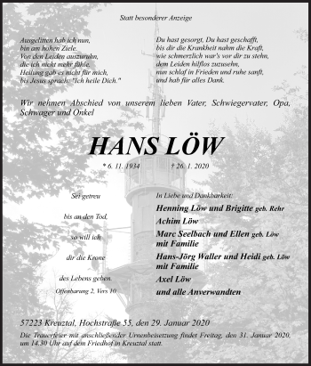Traueranzeige von Hans Löw von Siegener Zeitung