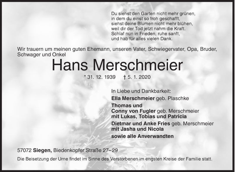  Traueranzeige für Hans Merschmeier vom 11.01.2020 aus Siegener Zeitung