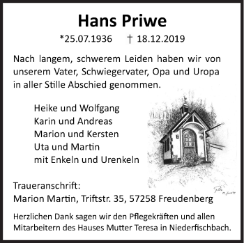 Traueranzeige von Hans Priwe von Siegener Zeitung