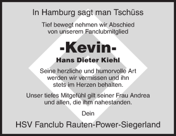 Traueranzeige von Hans Dieter Kiehl von Siegener Zeitung