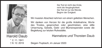 Traueranzeige von Harold Daub von Siegener Zeitung
