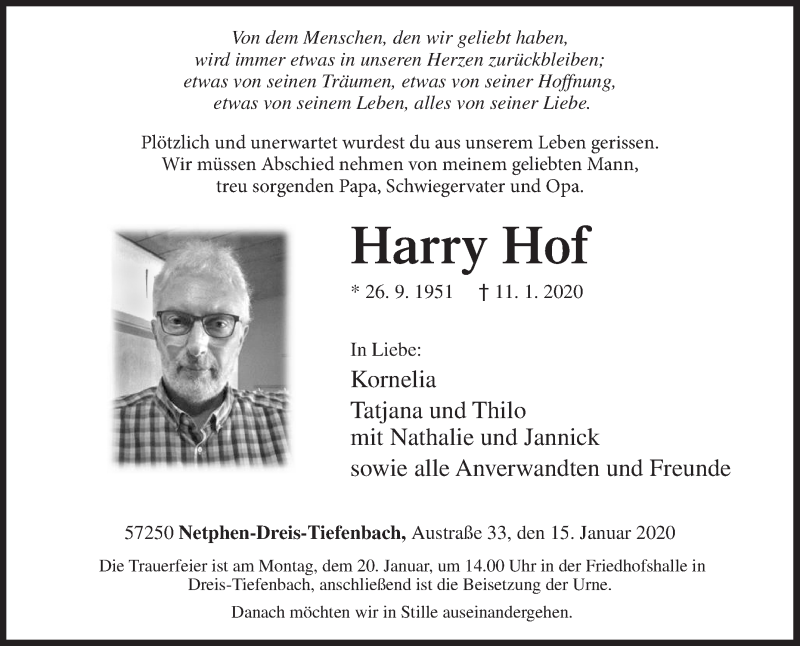  Traueranzeige für Harry Hof vom 15.01.2020 aus Siegener Zeitung
