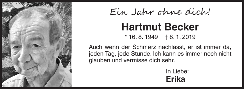 Traueranzeige für Hartmut Becker vom 08.01.2020 aus Siegener Zeitung