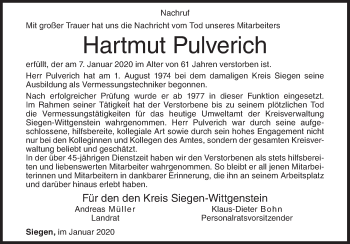 Traueranzeige von Hartmut Pulverich von Siegener Zeitung