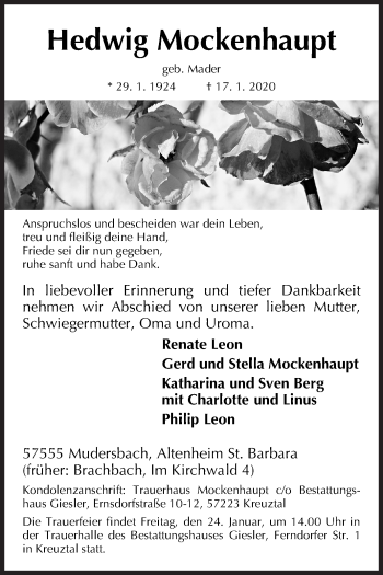 Traueranzeige von Hedwig Mockenhaupt von Siegener Zeitung