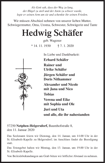 Traueranzeige von Hedwig Schäfer von Siegener Zeitung