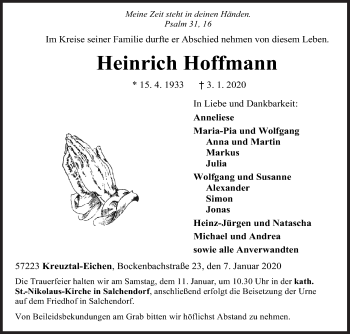 Traueranzeige von Heinrich Hoffmann von Siegener Zeitung